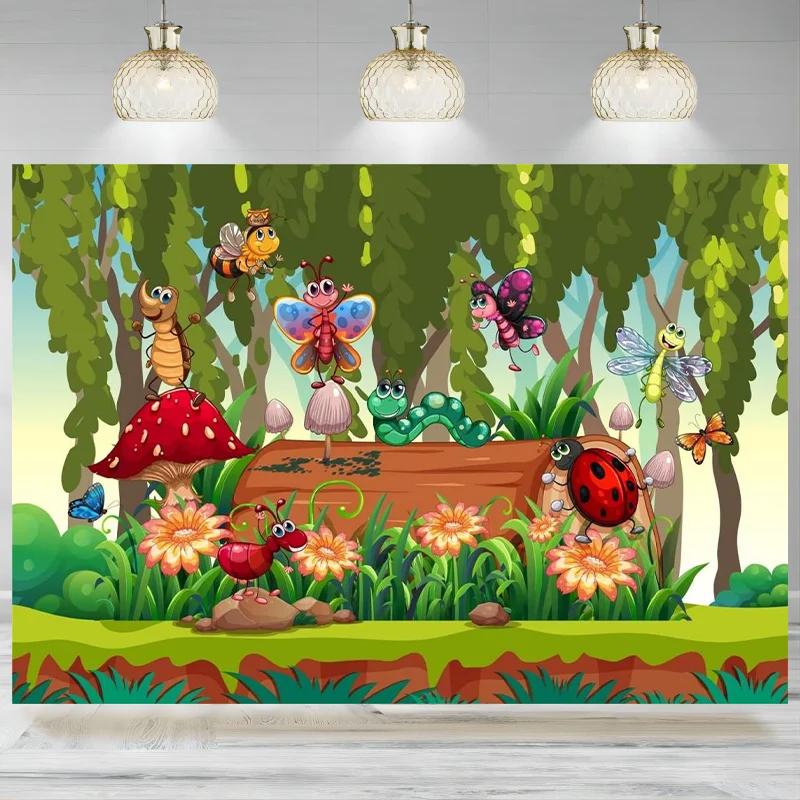 

Cartoon Animals Backdrop Fantasy Forest Garden Green Grass Photographic Background Baby Shower Themed Decoration Dessert Banne