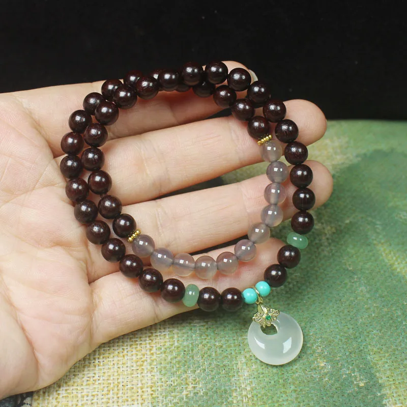 Zambian Red Sandalwood Double Loop Bracelet White Agate Peace Buckle Style Forest Style DIY Jewelry Prayer Beads Gifts