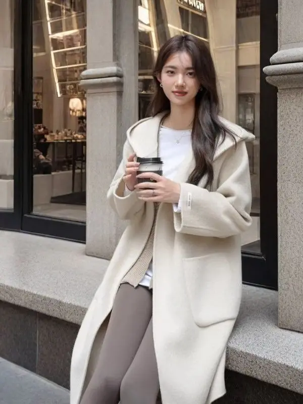 

Шерстяное пальто Ele Briti Sle для женщин, высококачественное, новая коллекция осень-зима 2025, роскошное, с капюшоном, длинное, с длинными рукавами