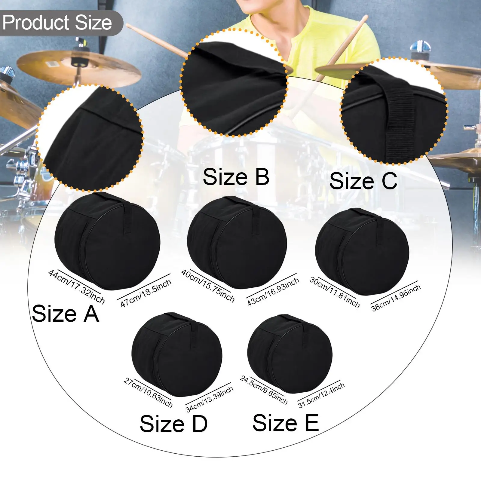 Drum Storage Bag with Zipper Closure Padded Lining Waterproof Holder for Frequent Movement of Musical Equipment