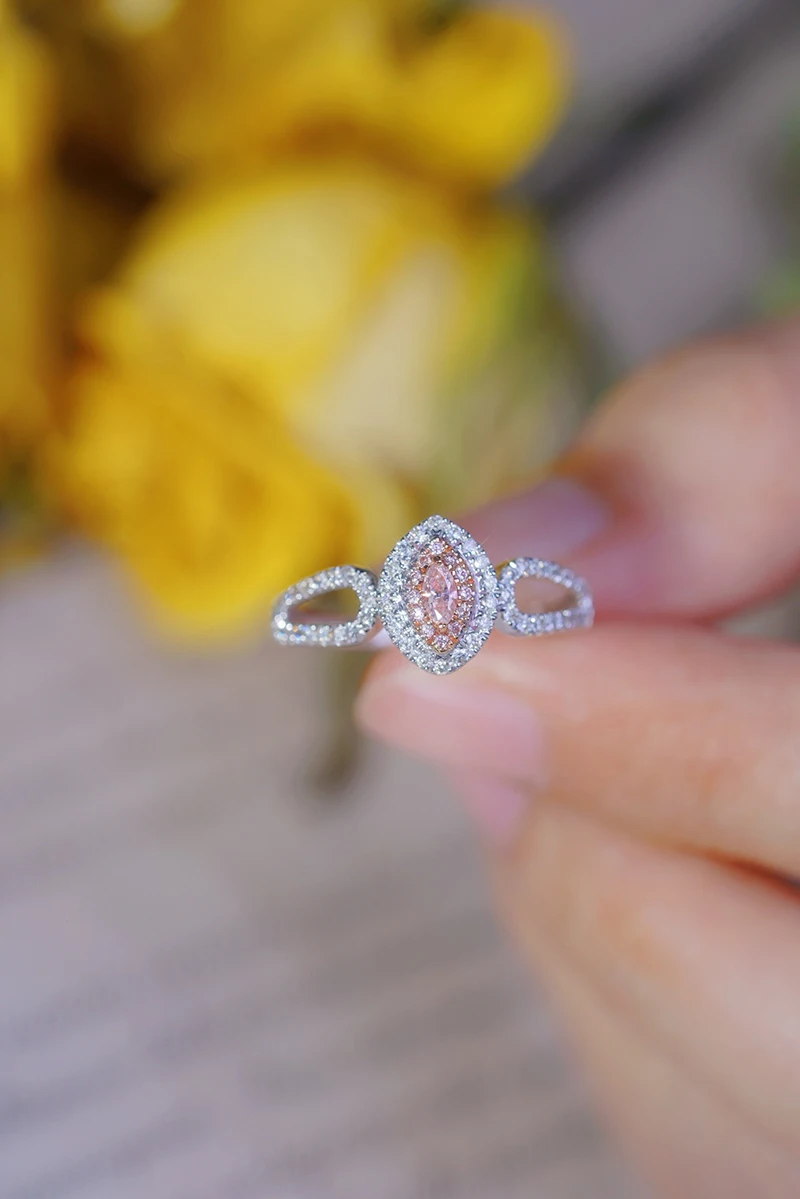 LUOWEND 100% 18K White Gold Rings Vintage Elegant Style Real Natural Pink Diamond Engagement Ring for Women High Party Jewelry