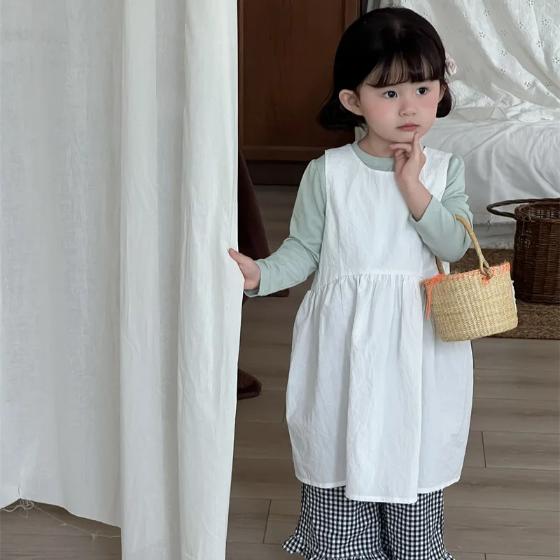 

2025Girls Spring and Summer New Korean Sleeveless Cotton Dress Children Spring and Summer Layered Long Dress