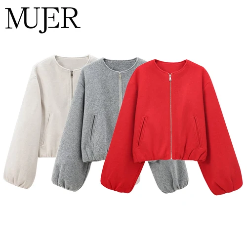 MUJER Chaquetas bomber rojas con cremallera para mujer Chaquetas recortadas suaves Mujer 2025 Chaqueta deportiva de manga larga para mujer Nuevo en prendas de vestir exteriores