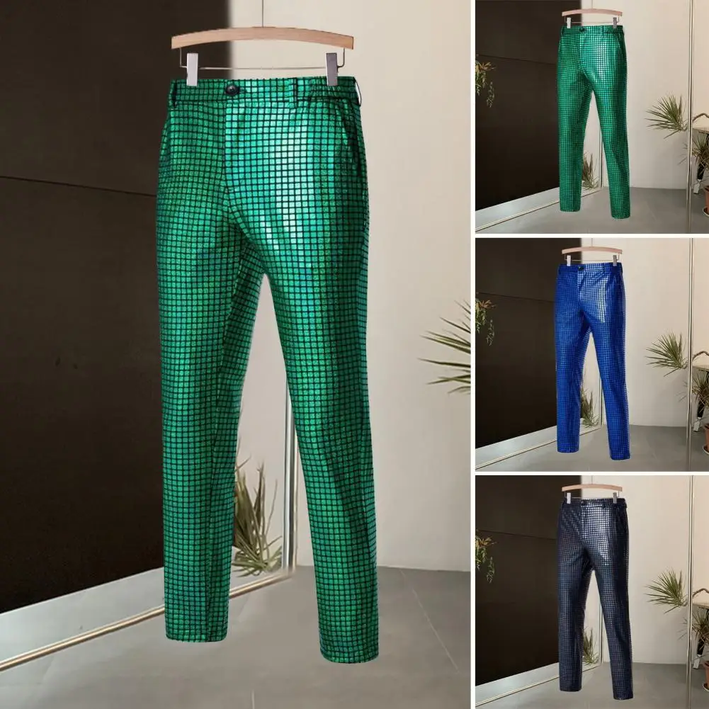 Men Shiny Straight-leg Pants Sequin Hop Style Nightclub Pants for Men Slim Fit Straight Leg Ankle Length Trousers with Bronzing