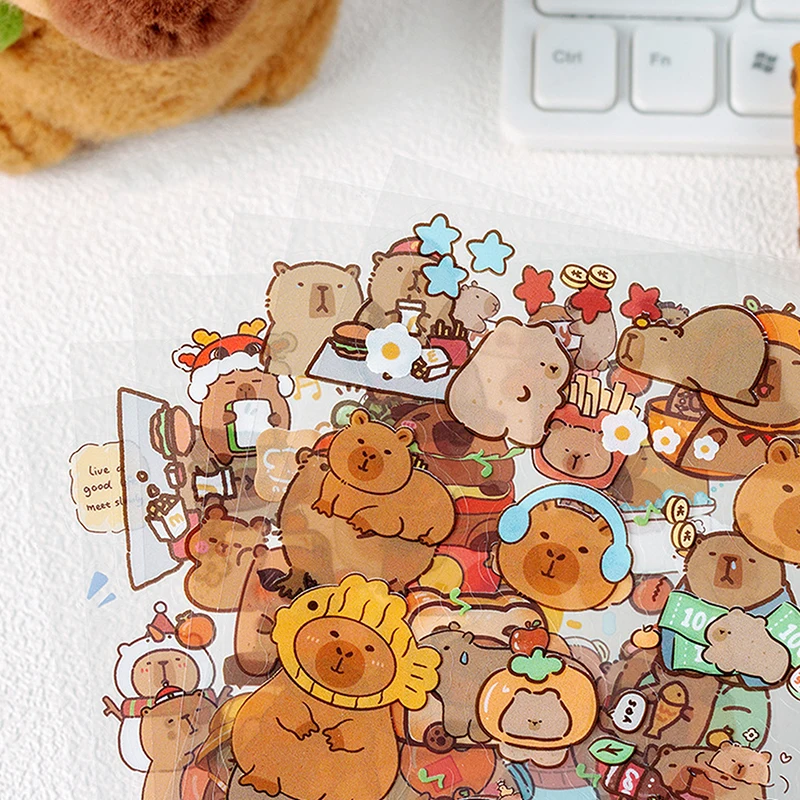 Capybara Cartoon Stickers, Transparente, Impermeável, Material Escolar, Diário, Decoração, Papelaria, Bonito, 6 Folhas por Pacote