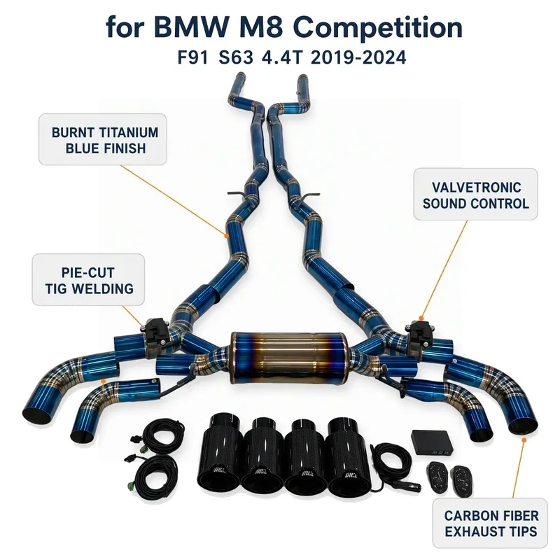 Titanium Valved Cat-Back Exhaust for BMW M8 Competition F91 S63 4.4T 2019-2024 Quad Carbon Fiber Tips Deep Tone