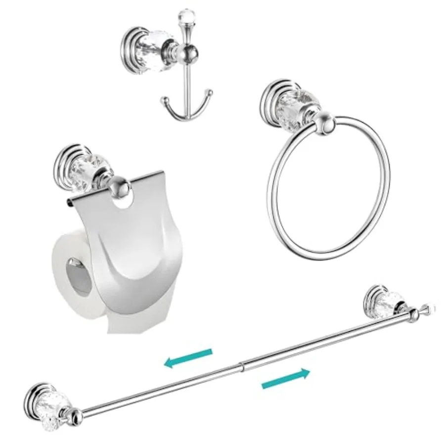 

24 Inch Chrome Bathroom Hardware Set Silver 4 Piece Wall Mounted Towel Bar Coat Hook Hand Towel Ring Toilet Paper Holder for Mo