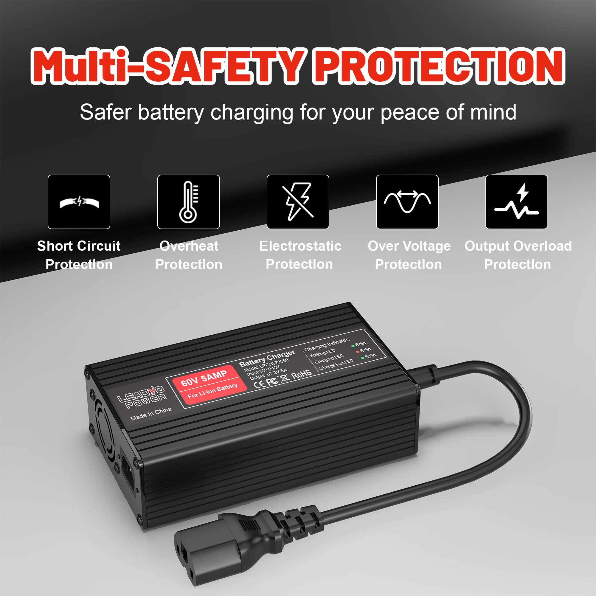 67.2V 58.8V 5A Battery Charger 16S 60V  14S 52V Lithium ion battery For Electric Motorcycle With IEC Charger Port