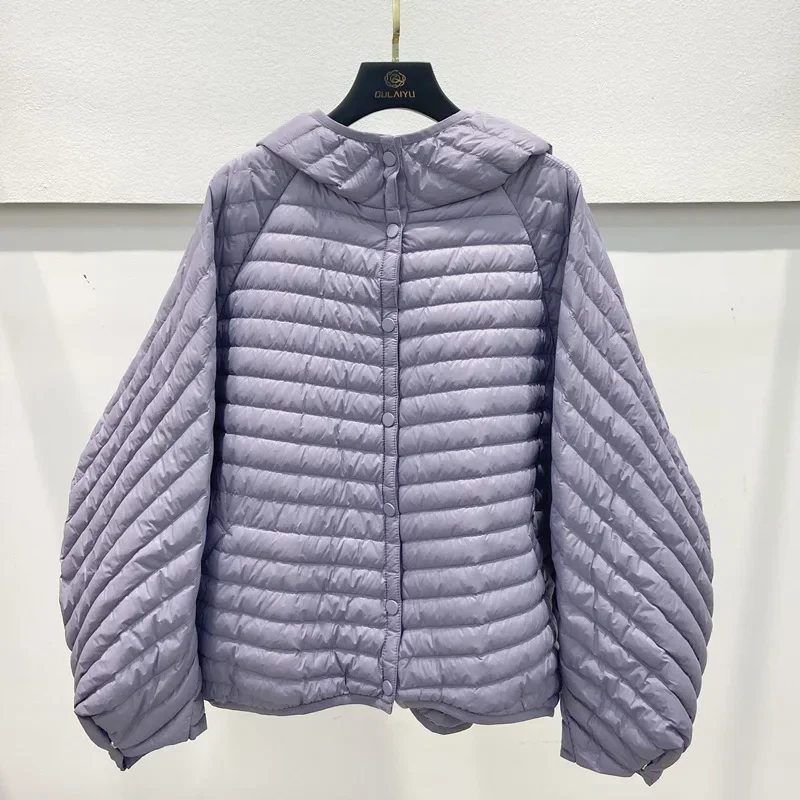 2024 Winter Vintage Women Oversized Hood Puffer Jacket Female Casual Ultra Light Lantern Sleeve 90%White Duck Down Coat