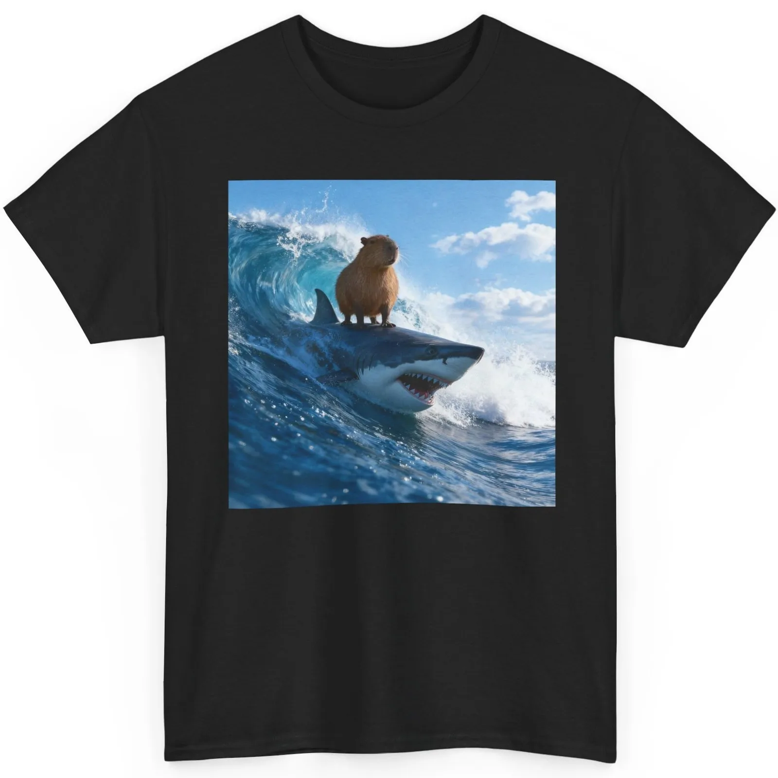 Capybara Surfing Shark T-Shirt Funny Ocean Graphic Tee Great White Surfboard