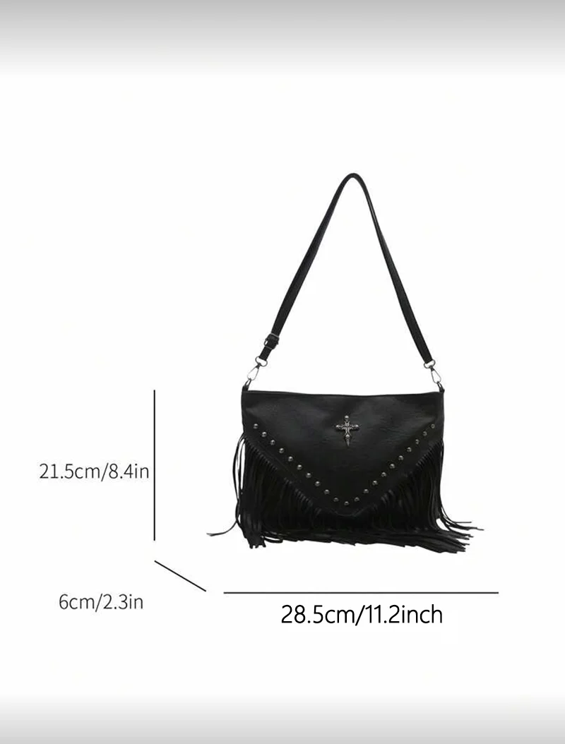 Fashionable Retro Leather Crossbody Bag, Bohemian Style Shoulder Bag, Square Wallet with Tassel and Rivet Cross Decoration, for Casual Travel and Daily Use, Portable Business Work Backpack, Crossbody Bag, Hobo Style Tassel Crossbody Wallet, Small Handbag view 6
