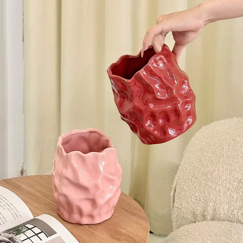 New Modern Nordic Ceramic Vase Decoration Home High-End Luxury Pleated Room Decor High-Aesthetic