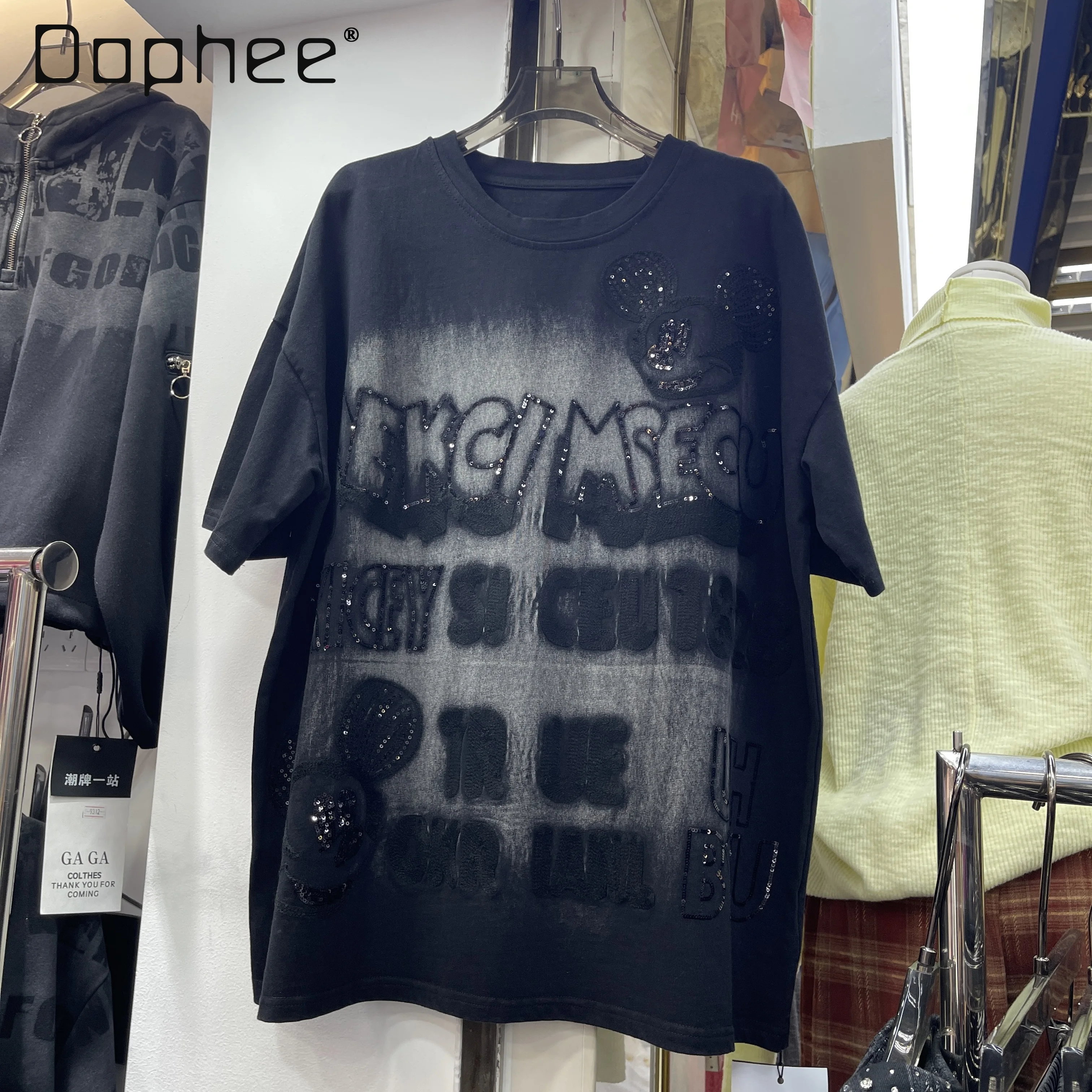 

European Style Black Women's T-Shirt Women 2026 Spring New Cartoon Letter Embroidery Color-Changing Loose Mid-Length Top