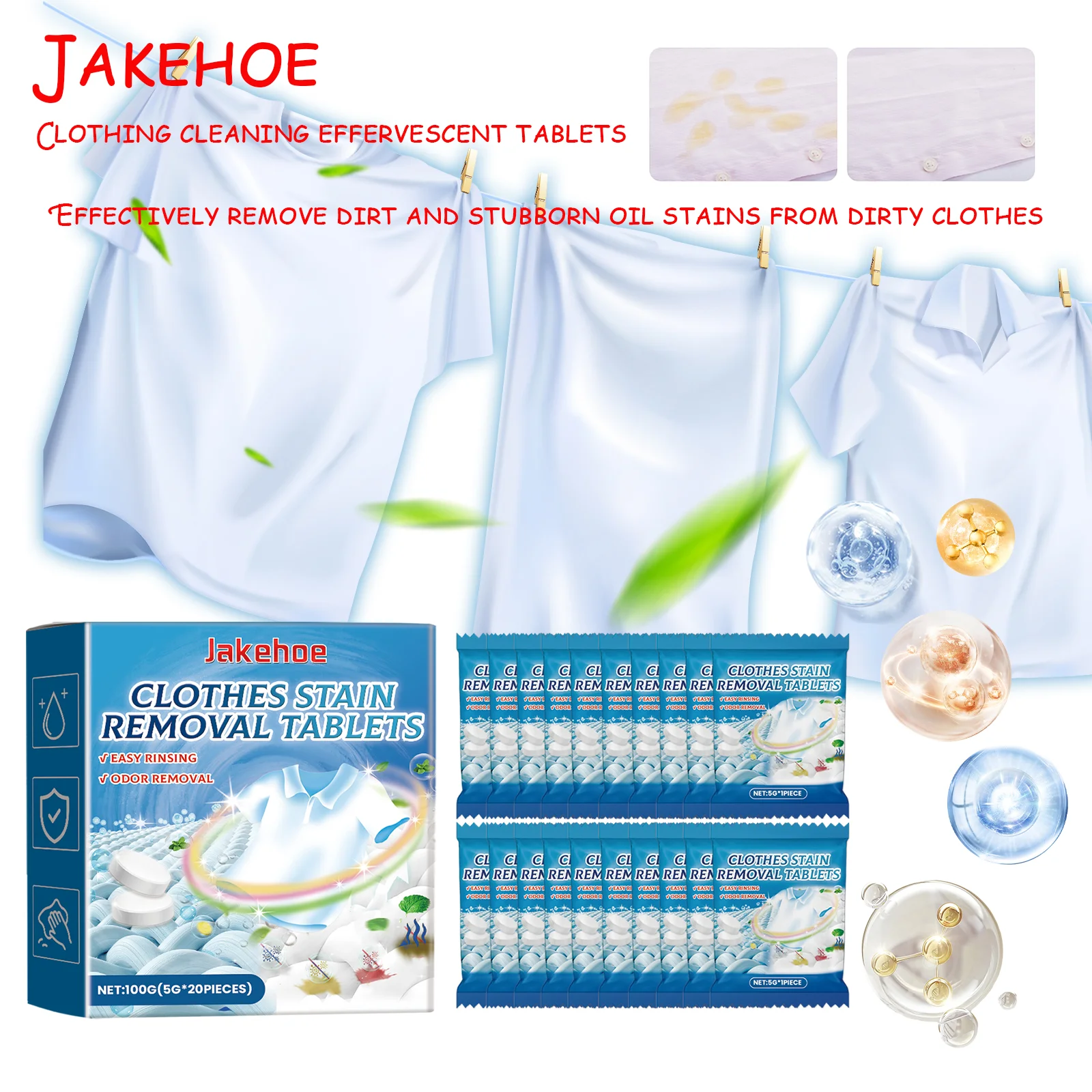 

JAKEHOE Clothes Stain Removal Tablets Effectively Remove Scale and Remove Stubborn Stains on Dirty Clothes, Making Clothes Softe