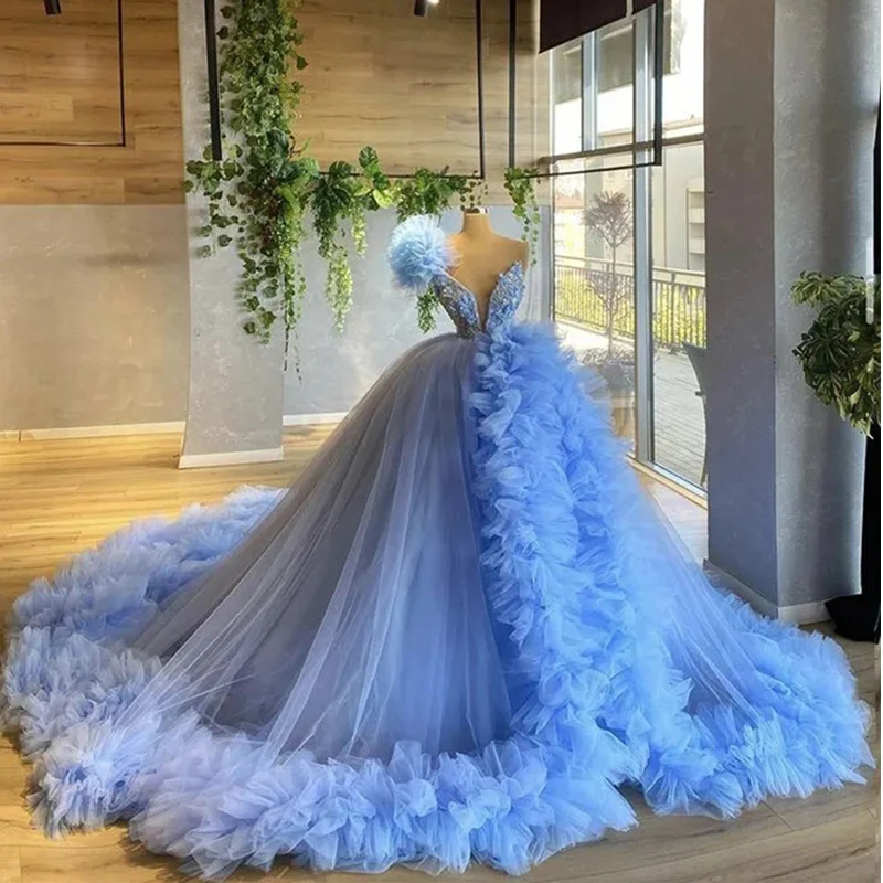 Ruffles Women Tulle Formal Party Gowns V Neck Long Evening Dresses 2023 Puffy Ball Gown Maternity Photo Dress