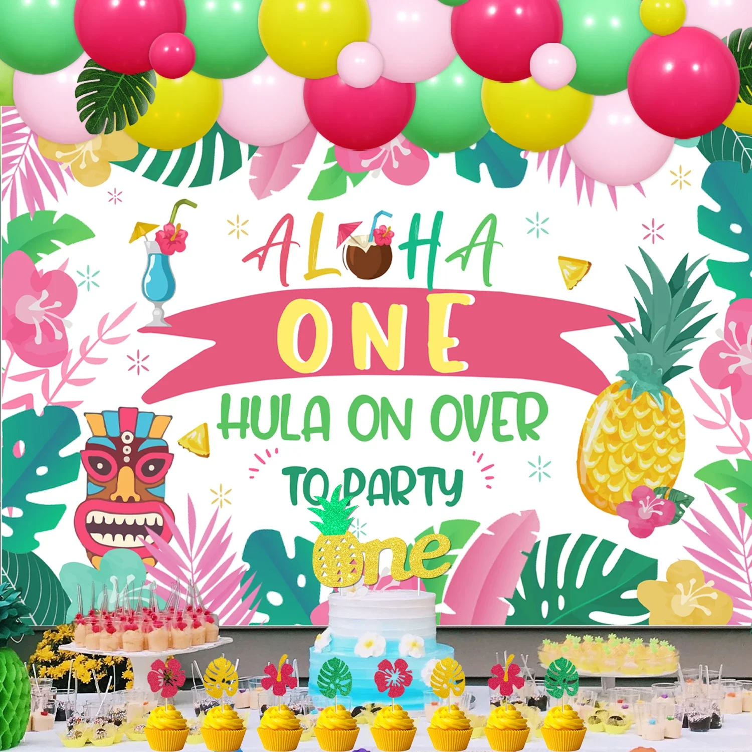 

Hawaiian Luau Party Decorations, Balloon Arch Kit, Aloha One Hula Backdrop, Cake Toppers, Summer Beach, 1 Year, Pink