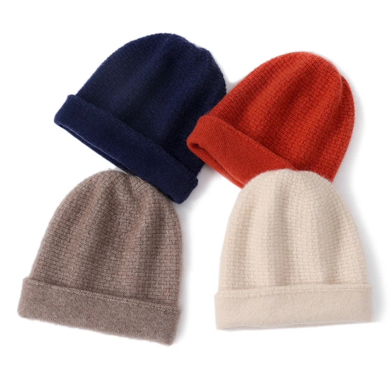 Thickened 100% Cashmere Hat Knitted Beanie Autumn Winter Versatile Solid Color Cold Hat Unisex Warm Ear Protection Head Wrap Hat