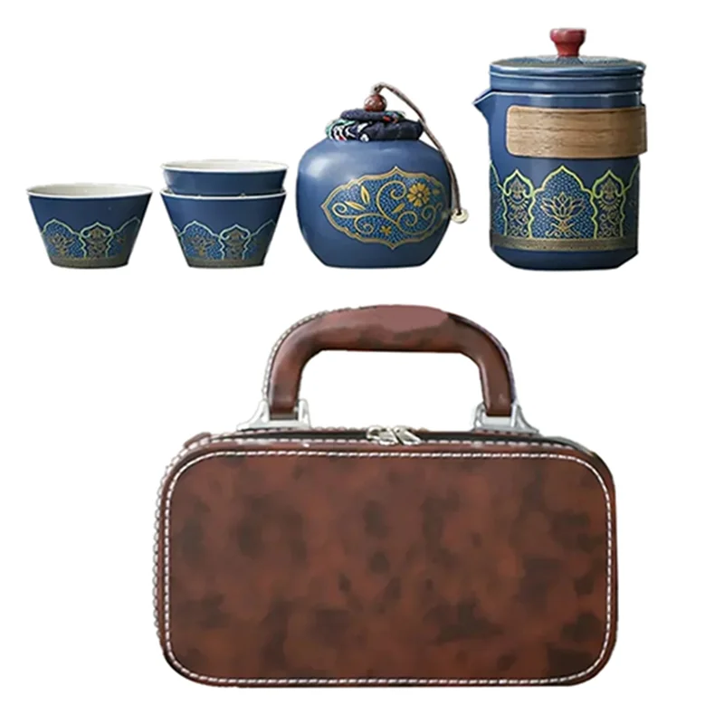 

ABVT- Teapot 1Set Travel Tea Set Portable Tea Set Tea Canister Tea Cup Outdoor Quick Cup Tea Canister Leather Bag
