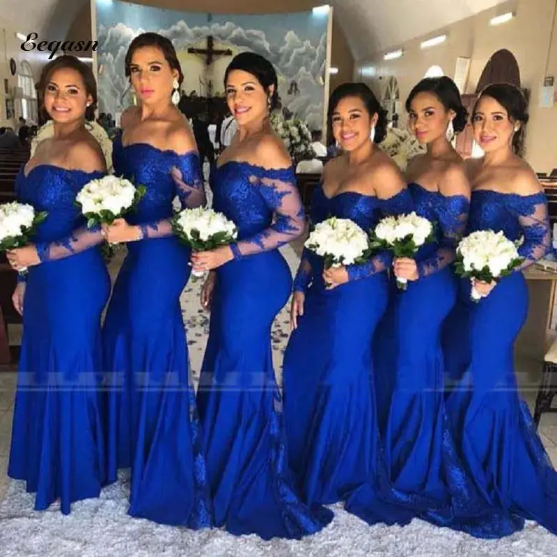 Vestidos de dama de honor de manga larga para mujer, vestido de sirena azul real para Niñas Africanas, vestido elegante para fiesta de boda y graduación