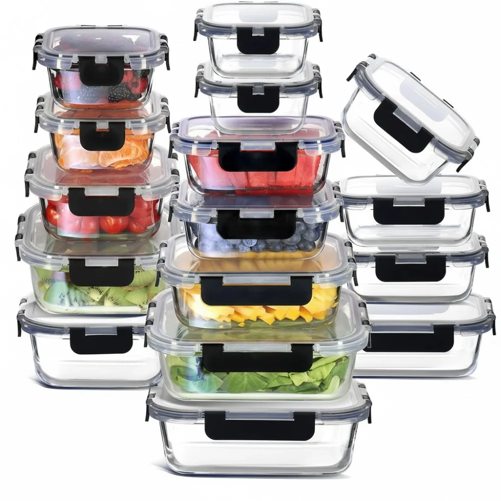 

32pc Glass Food Storage Containers with Lids, Airtight Meal Prep Bins, Oven Microwave Freezer Safe Lunch Boxes
