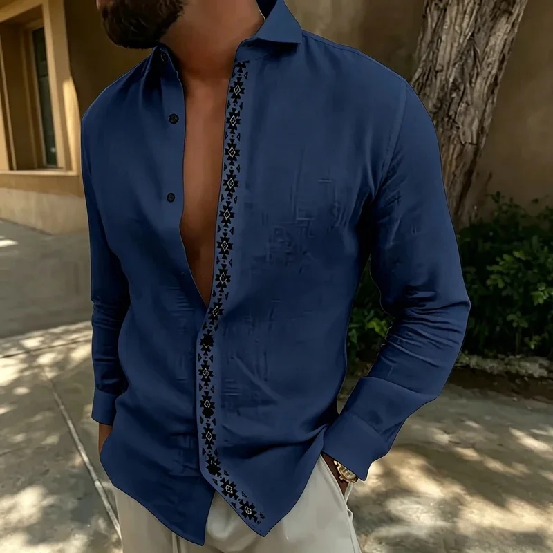 Men's collared slim-fit long-sleeved shirt, floral print, flowy blouse, plus size trendy casual cardigan top.