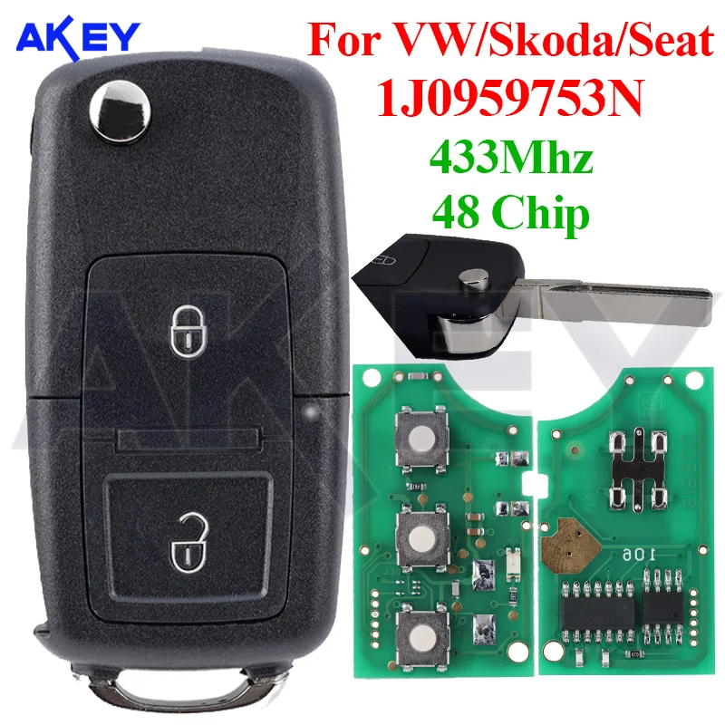 Fip กุญแจรถอัตโนมัติสําหรับ VOLKSWAGEN VW Beetle Bora Golf ที่นั่ง Toledo SKODA Octavia Auto Flip Fob 1J 0959753 ใบมีด N 433Mhz ID48 HU66