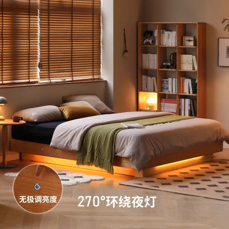 

Solid wood box bed without bedside storage bed Cherry wood small apartment tatami flat edge bed Suspended