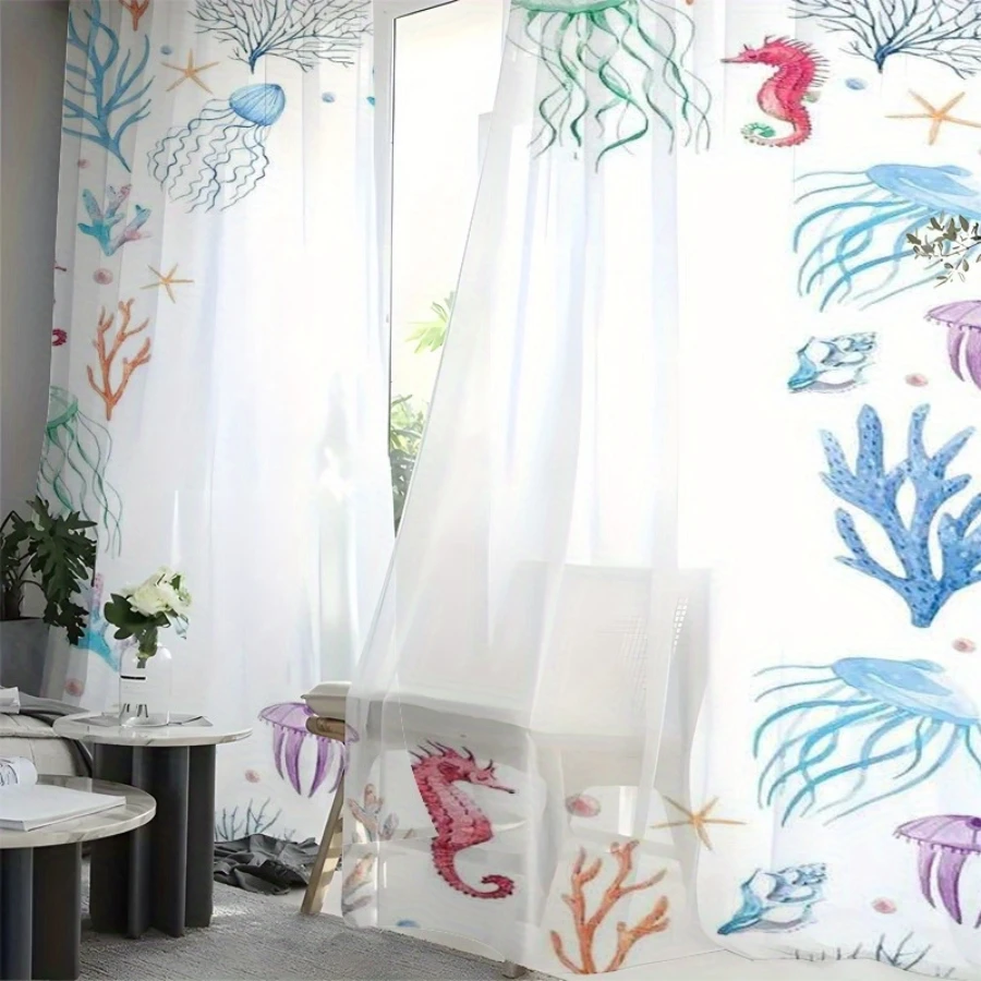 2PCS Digital Print Sheer Curtain, Coral Jellyfish, Modern Minimalist Window Curtains for Living Room Bedroom Home Decor