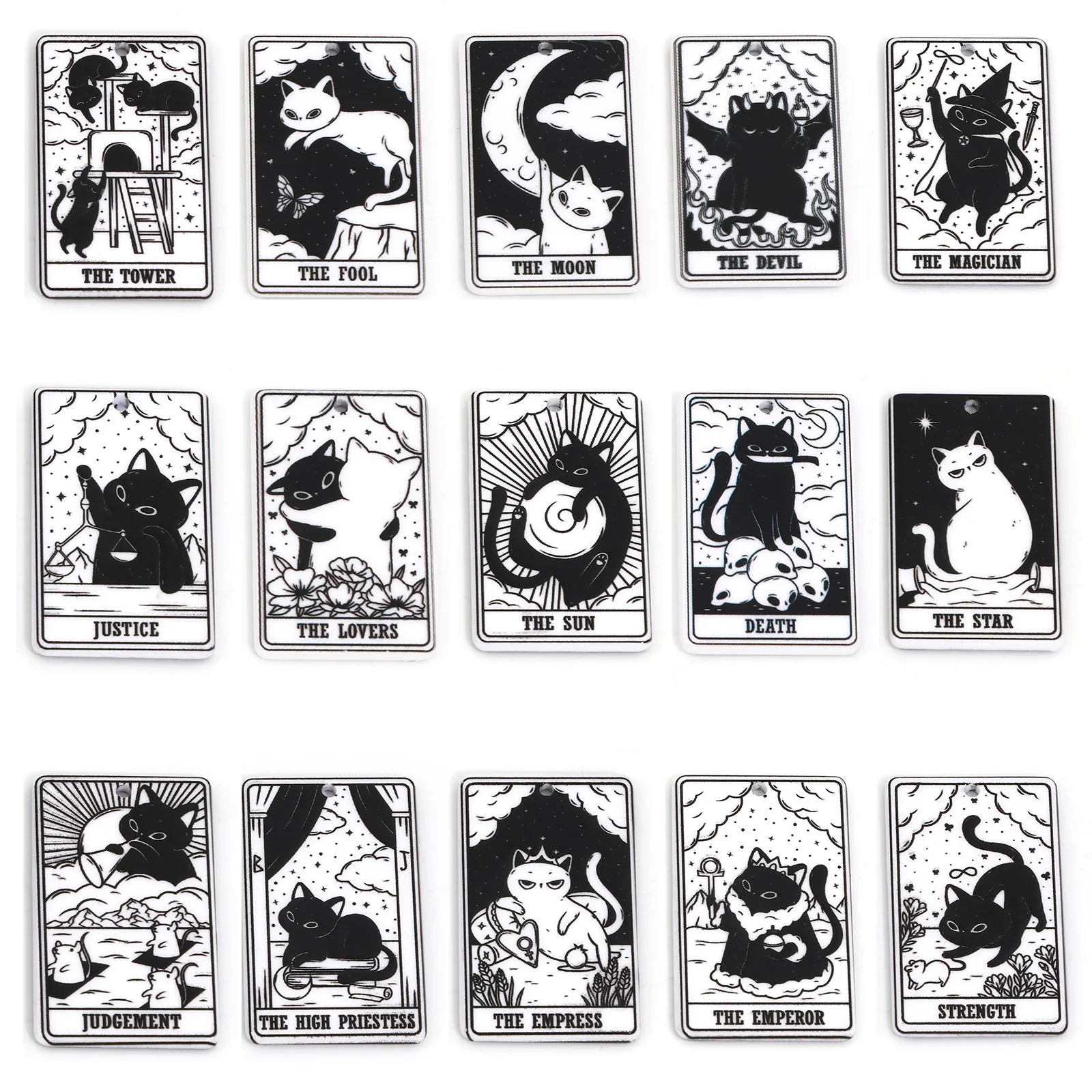 5PCs Black White Acrylic Tarot Pendants Rectangle Cat Double-sided Charms For DIY Earrings Necklace Jewelry Making 3.8cm x 2.3cm