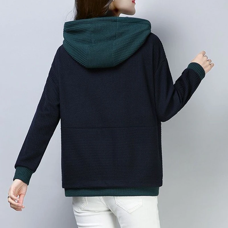 2023 Spring Autumn New Hooded Long Sleeve Drawstring Sweater Women Fashion Contrast Color Loose Casual All-match Pullovers