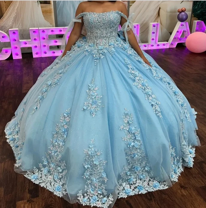 Illusion Sky Blue Mexican Quinceanera Dresses Ball Gown Lace Appliques Beaded Bow Sweet Lace Up vestidos de 15 quinceañera