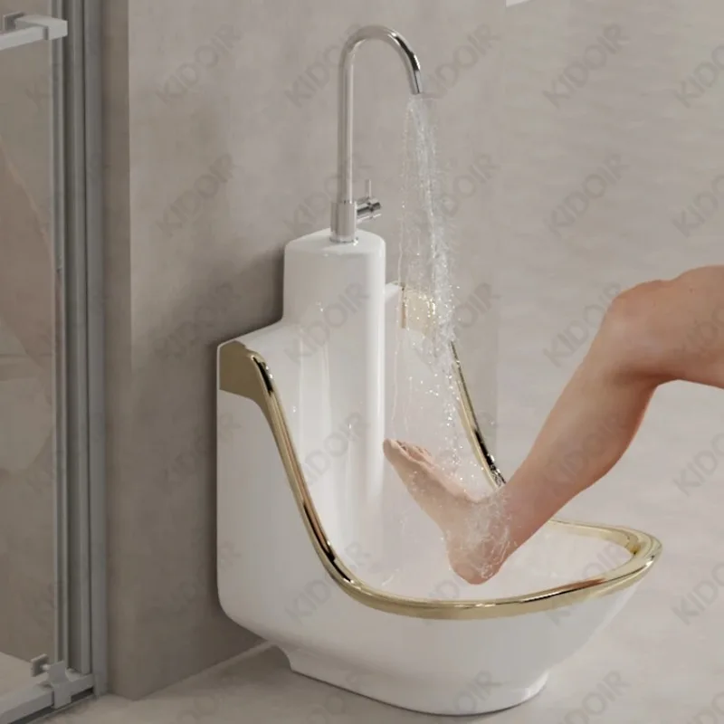 Ceramic Wudu Ablution Sink with Foot Washer – Muslim-Friendly Gold Wash Basin for Bathroom Use