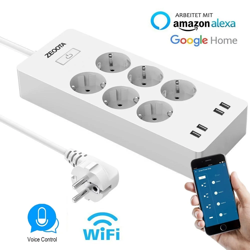 WiFi Smart Power Strip com EU Surge Protector, 6 Way AC Soquete, 4 Portas USB, Interruptor de Controle Doméstico, Compatível com Alexa e Google, Novo