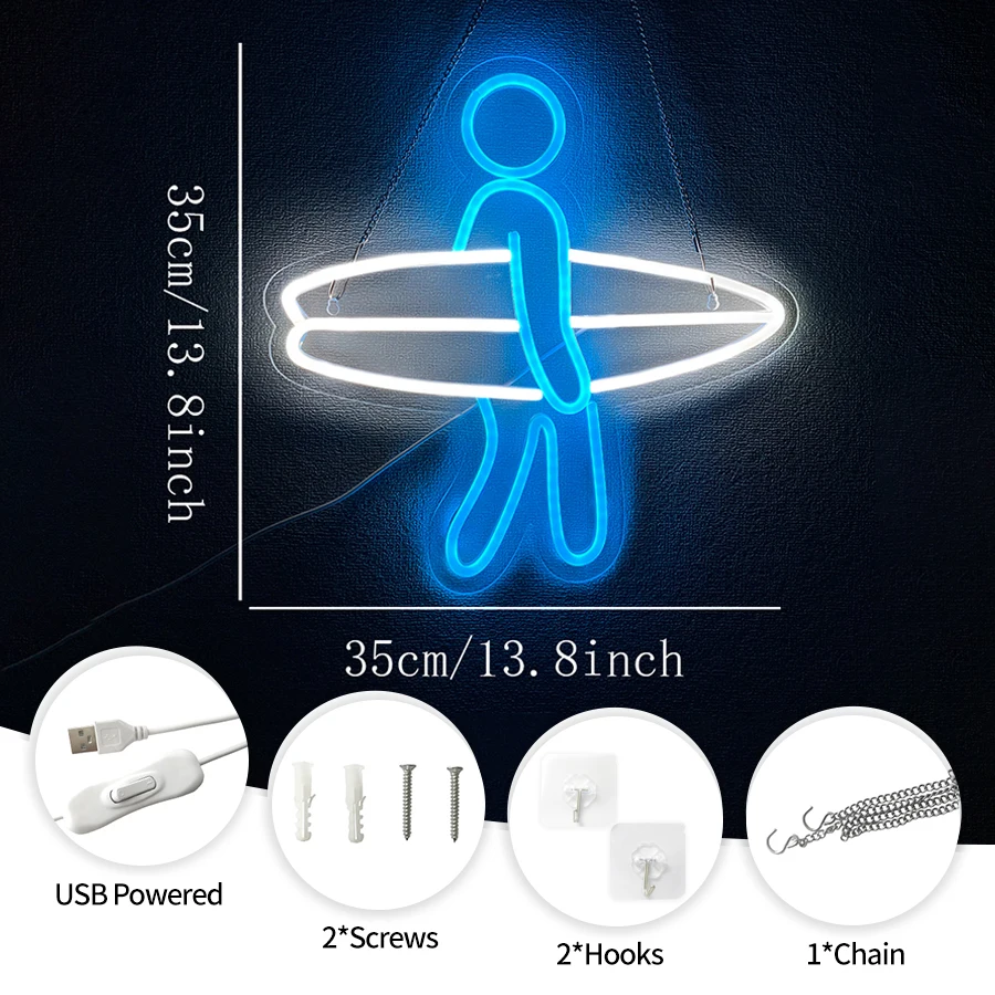 Surfer Neon Sign,Surfboard LED Neon Light for Wall Decor,USB Powered for Beach Bar Home Bedroom Man Cave Kids Room Birthday Gift