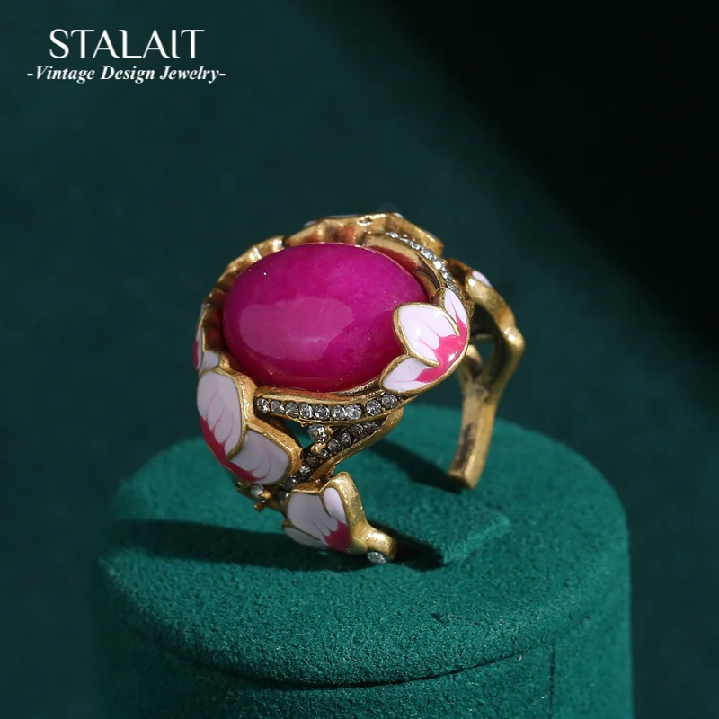 

Vintage Rings Jewelry Lotus Pink Rose Stone Oval Gold Color Antique Wedding Engagement Rings for Women Luxury Girls Gift Items