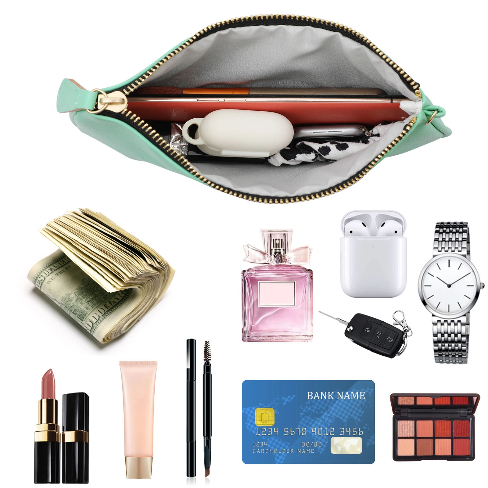 Veganes Leder-Clutch, klassische Damen-Tasche, kleine, minimalistische, mehrfarbige Geldbörse, solides Armband, Geldbörse, Handtasche, Reise-Kosmetiktasche