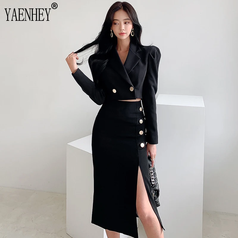 Sexy 2 Piece Outfit Short Set Women Korean Fashion Elegant Ladies Clothes Cropped Suit Blazer Coat High Waist Slit Skirt Autumn