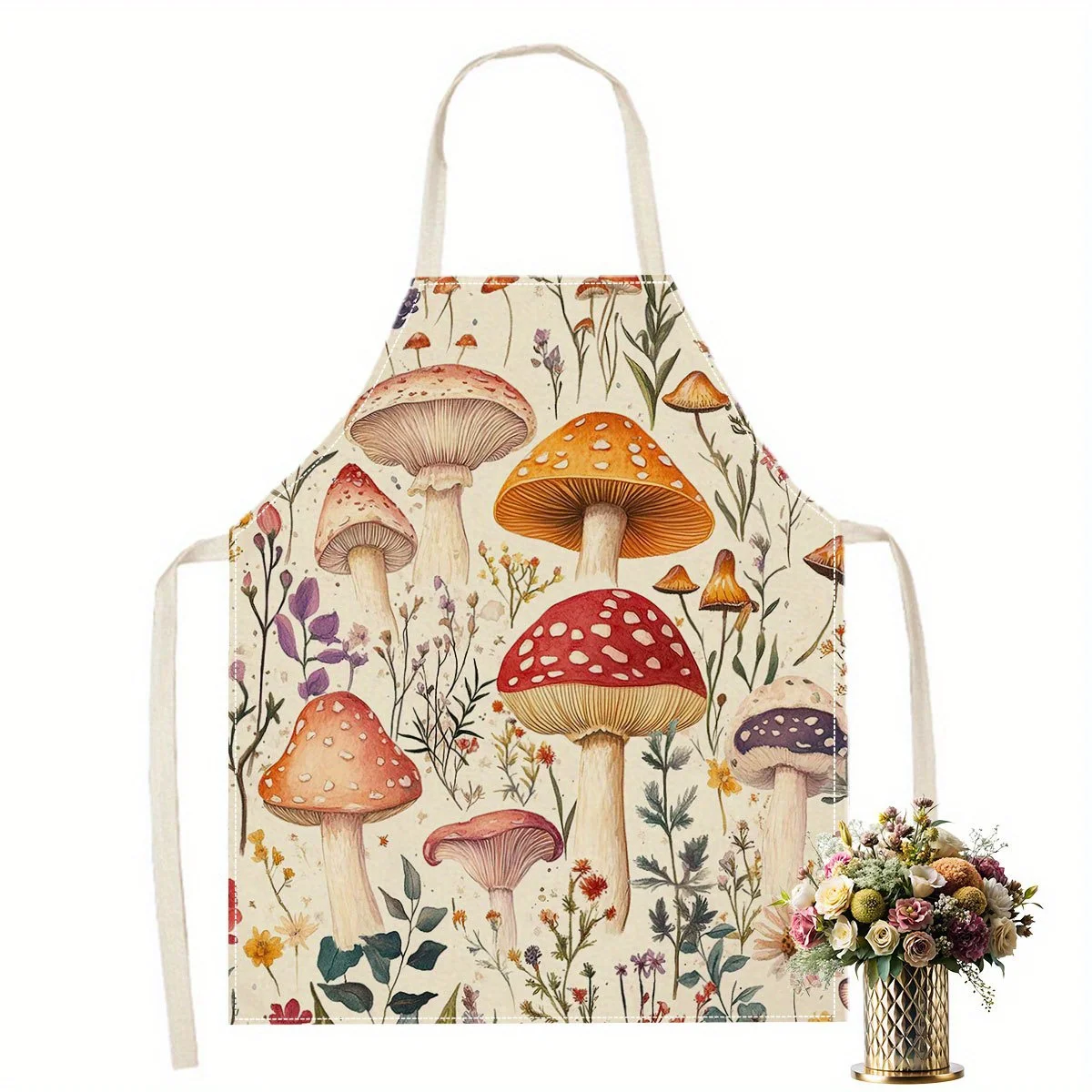 1pc of a 2D Flat Mushroom Forest Print Kitchen Apron for Women Nature Design Cooking Baking Gardening Gift for Her