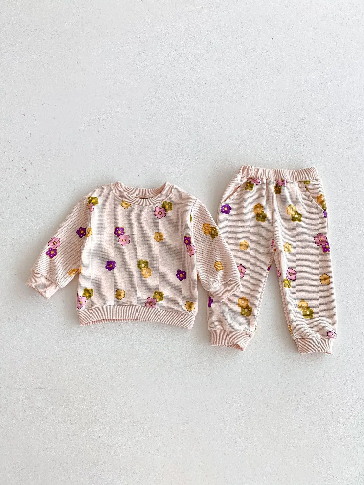 2024 Autumn New Baby Long Sleeve Clothes Set Infant Girl Flower Print Sweatshirt + Pants 2pcs Suit Kids Girls Waffle Outfits