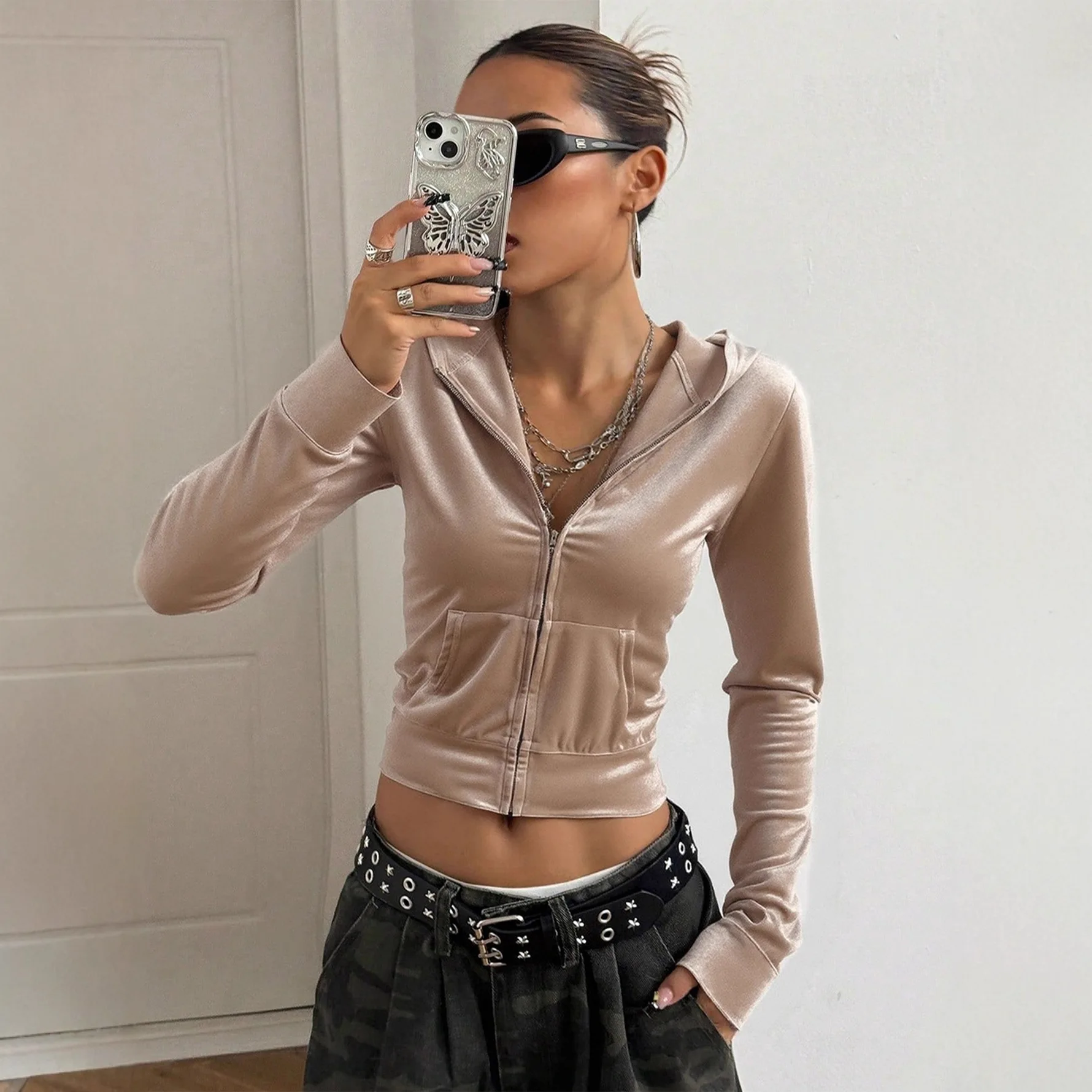 Women's velvet hooded autumn and winter cardigan casual versatile women's hoodie casual comfortable top