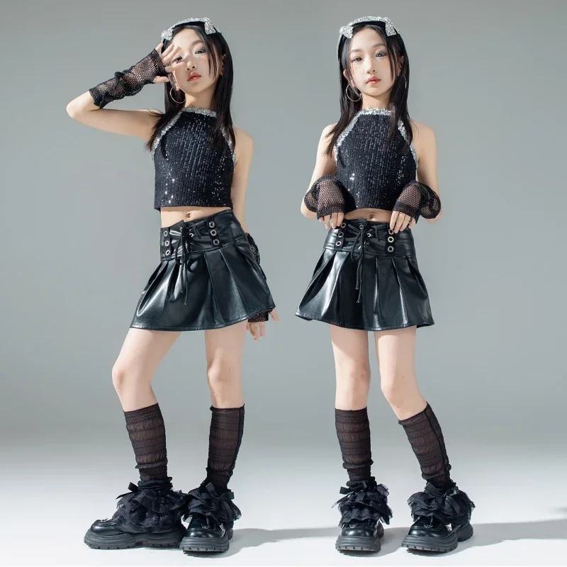 

Girl Jazz Dance Outfit Sequin Vest Black Leather Skirt Kpop Stage Outfit Children Performance Fashion Clothes Streetwear