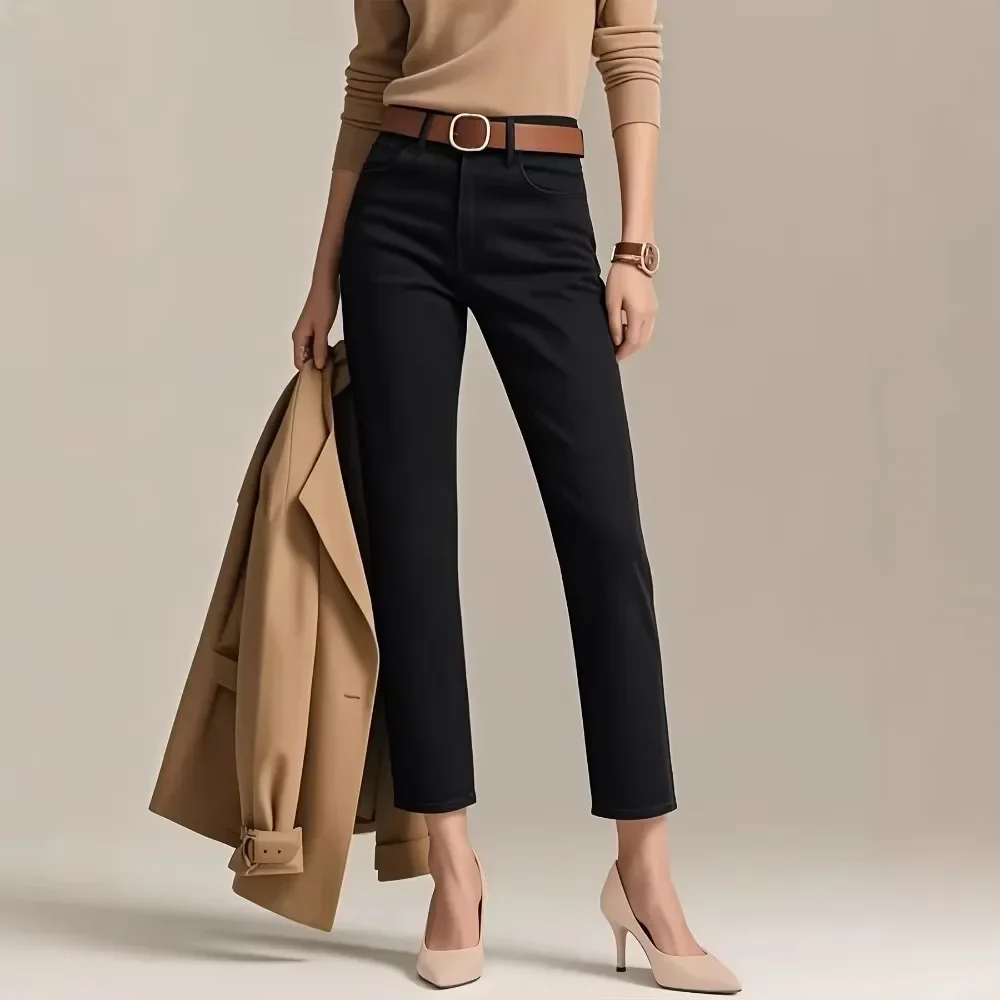 Women New Black Straight Leg Jeans Slim Fit Stretchy Denim Pants Soft Breathable Flattering Daily Casual Office Comfy Trousers