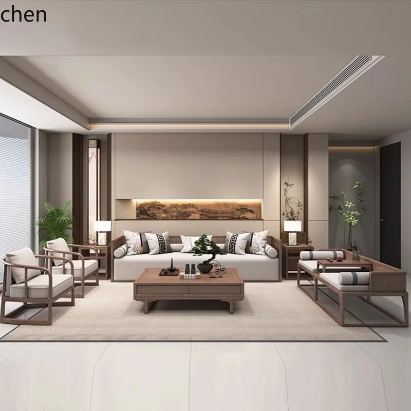 PYH New Style Walnut Wood Sofa for Living Room, Large and Small Apartments, Zen Office, Homestay, Club Furniture