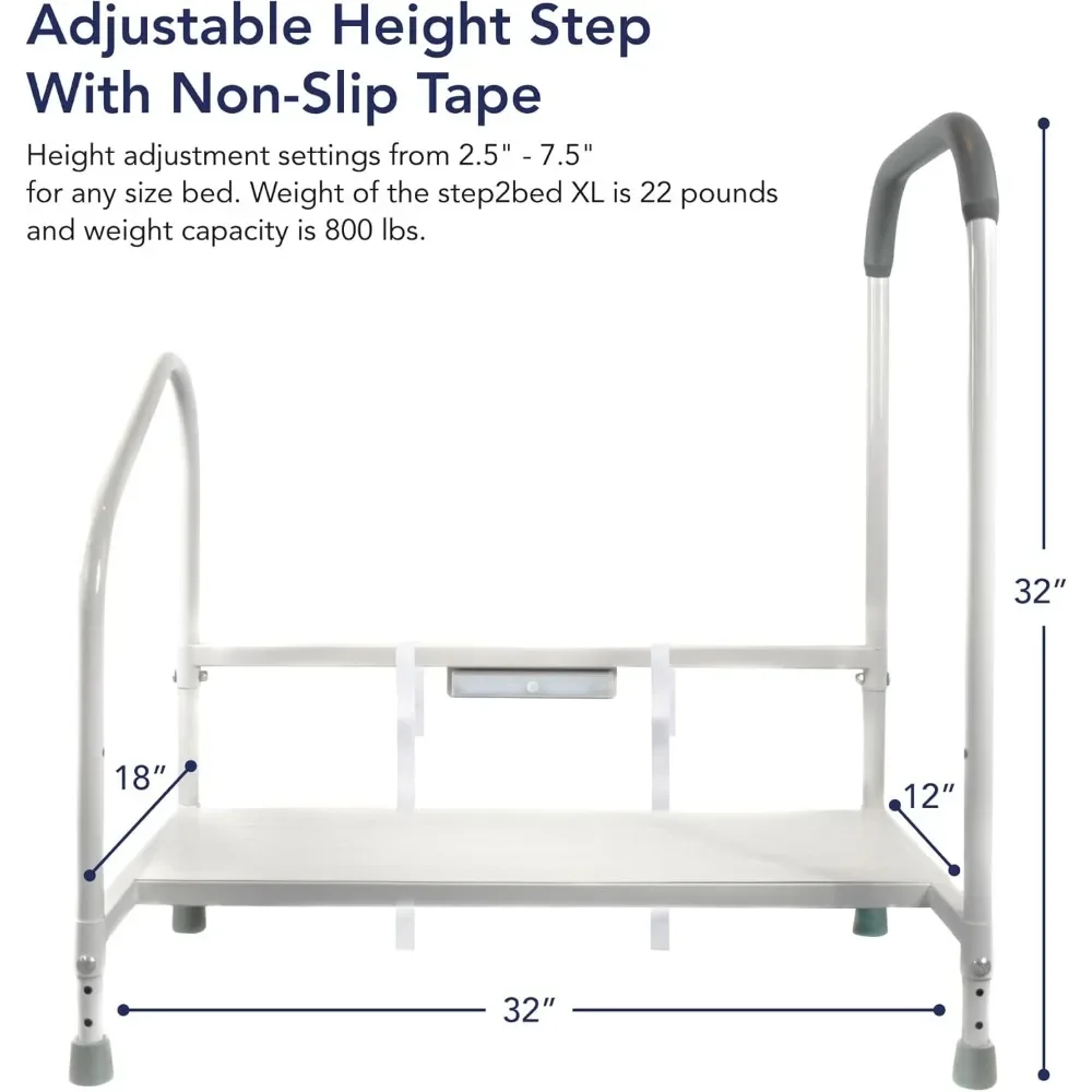 Step2Bed XL - Bedside Step Stool Bed Climbing Aid for Elderly & Handicapped – LED Light Guided Rails – Adjustable Height