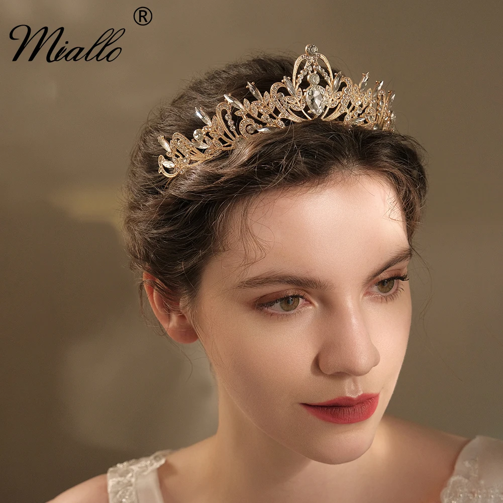 Miallo سبائك ذهبية حجر الراين الأميرة تاج موضة الباروك كريستال عقال إكسسوارات الشعر مجوهرات خوذة الحفلات