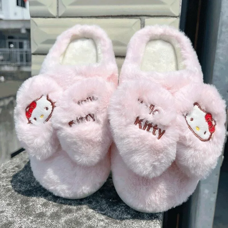

Sanrio Hello Kitty Cotton Slippers In Autumn and Winter Home Non Slip Slippers Platform Kawaii Cute Girls Pink Plush Slippers