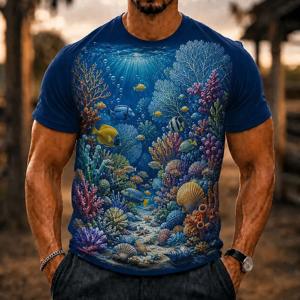 Men 3D Ocean Animal Print T-shirt Seahorse Shark Manta Ray Coral Underwater Pattern Crew Neck Short Sleeve Tops