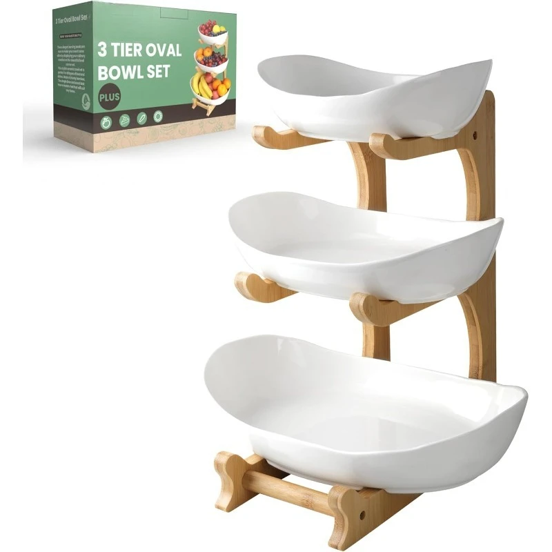 

SPARTA 3-х уровневая миска для фруктов для кухонной стойки (wydanie PLUS) / Керамические сервировочные миски с бамбуковой подставкой / Многоуровневые фрукты большого размера