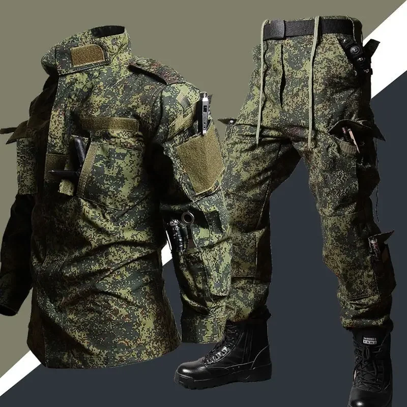 Men's Spring Outdoor Set Wear Resistant Tactical Camouflage Training Suit Multi Pocket Slim Tops Hunting Work Pants 2-piece