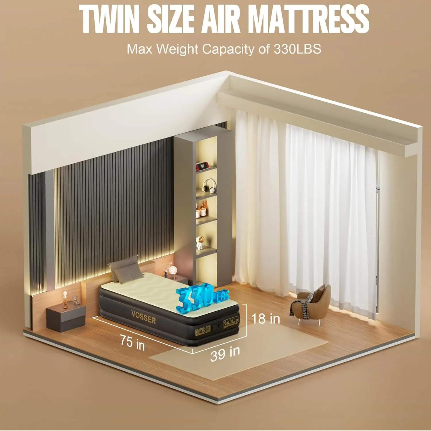 Twin Air Mattr With Built-In Pump,18'' Foam Topper Inflatable Mattress,Luxury Blow Up Mattr 2 Mins Self-Inflation/Deflation -